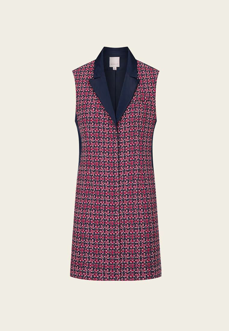 Red Tweed Snap-fastening Sleeveless Lapel Dress