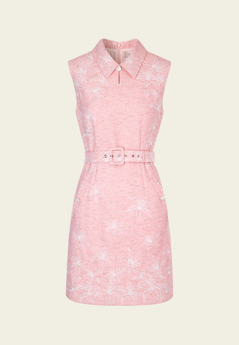 Pink Collar Belted Tweed Sleeveless Dress