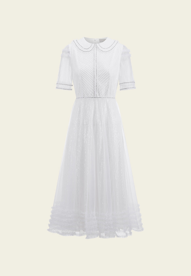 Sequins Rhinestone Embellished Pleated Chiffon Lapel Dress