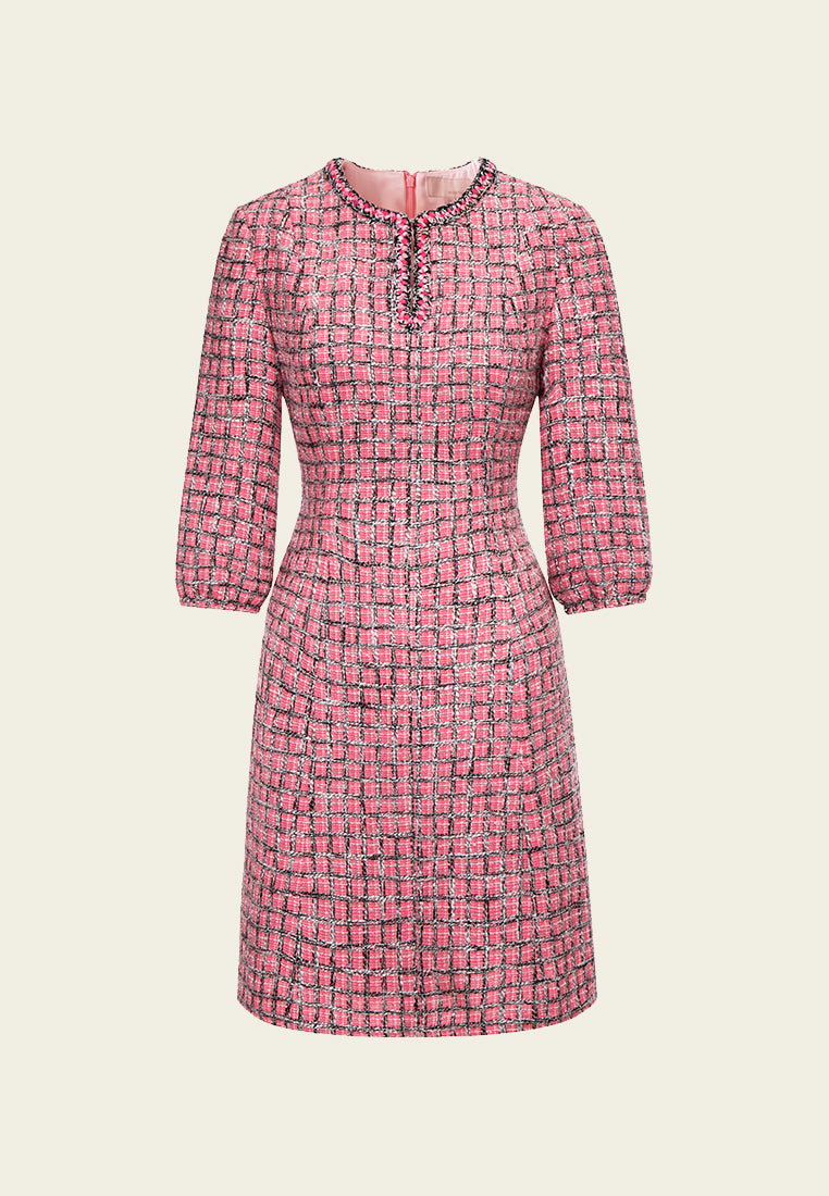 Pink Puff Sleeve Tweed Midi Dress