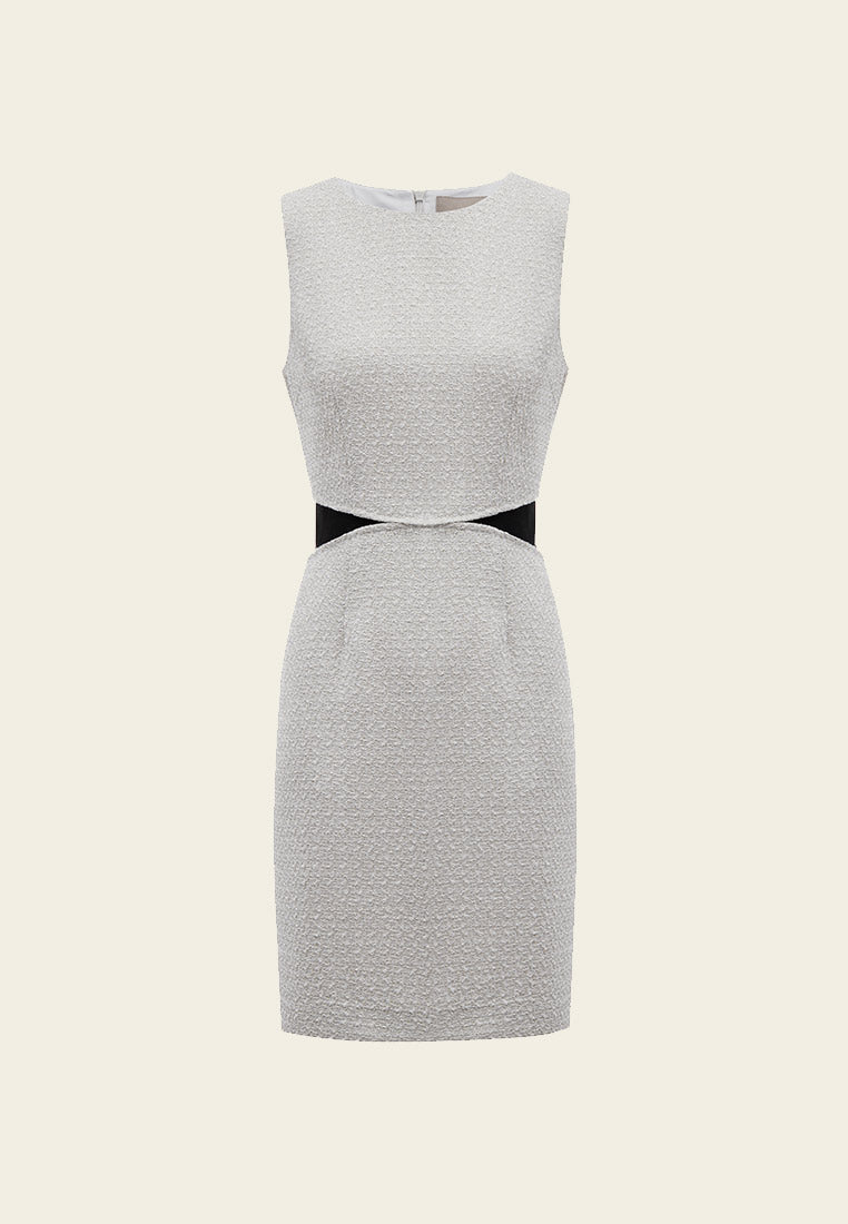 Fake Two Piece Black Detailing Sleeveless Silver Tweed Dress