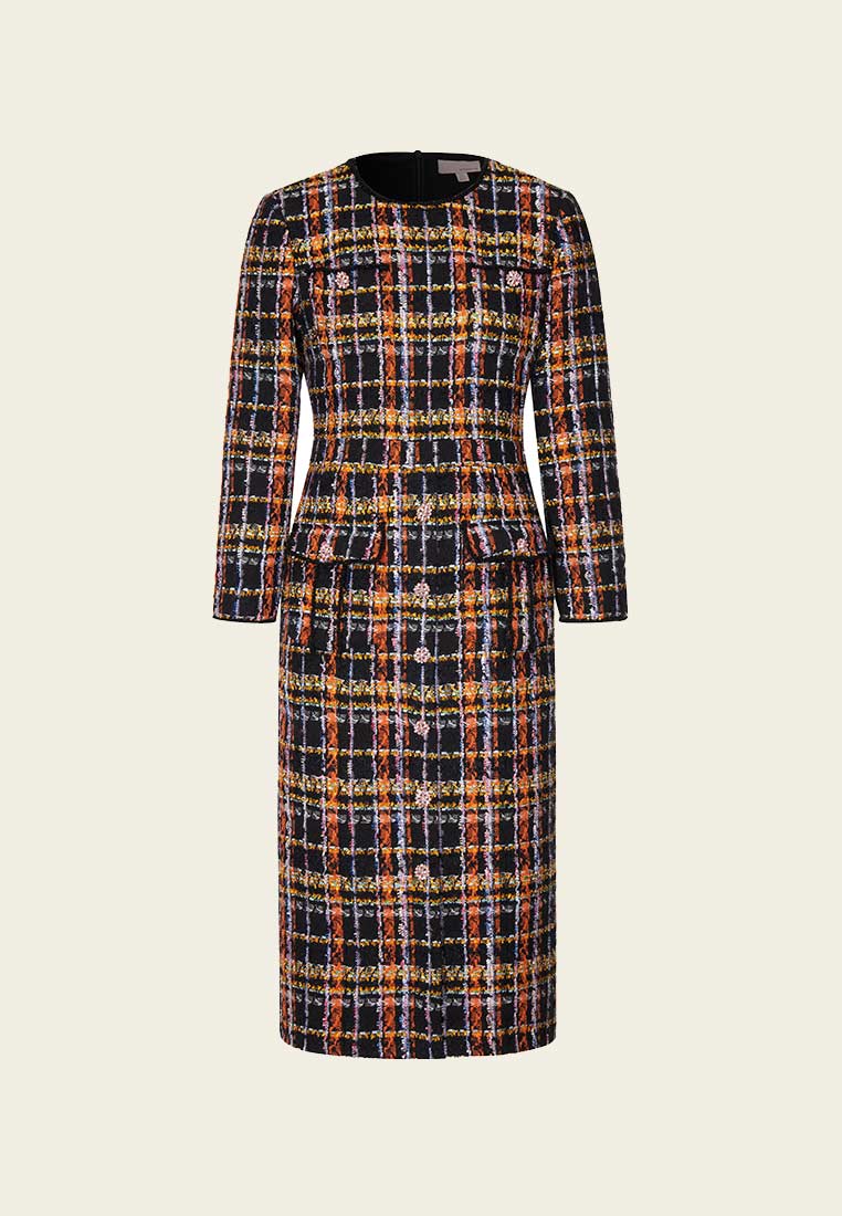 Orange Plaid Tweed Dress