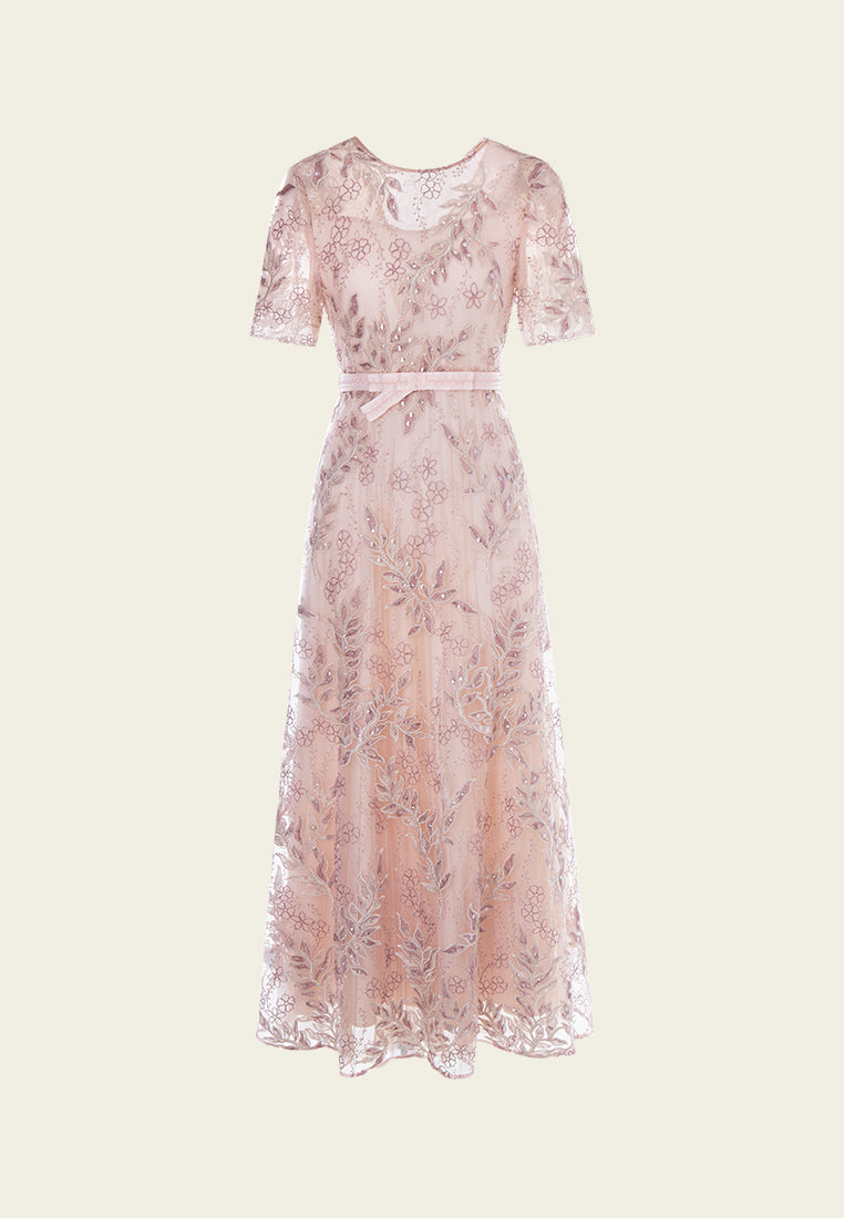 Tie-waist Sequin & Embroidery Mesh Dress
