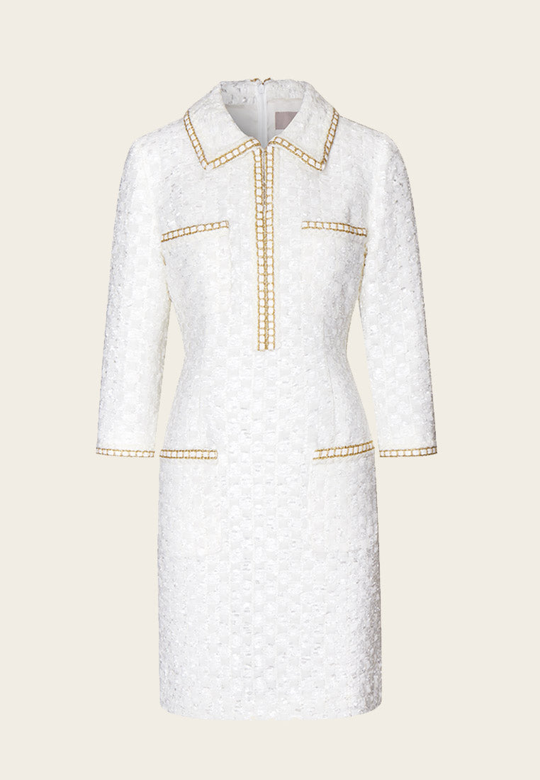 Lapel White Tweed Gold-detailing Long Sleeve Dress