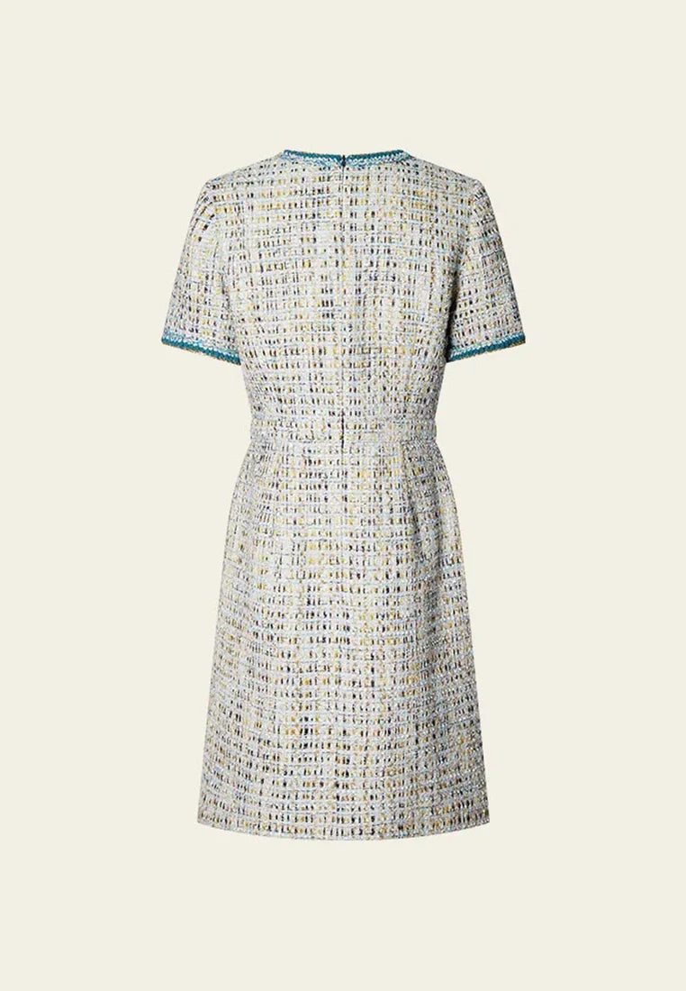 Earth Tone Blue And Gold Detailing Tweed Dress