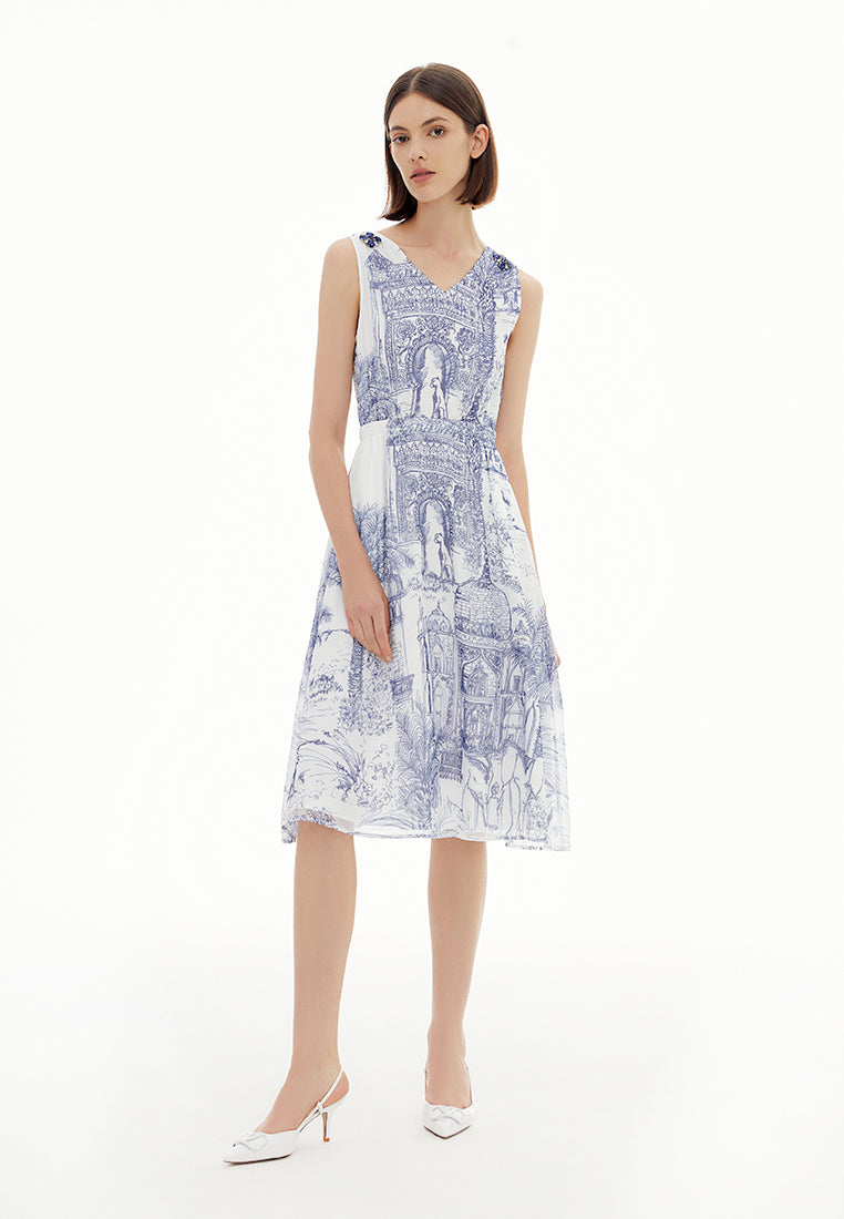 White Nature-print Sleeveless Dress