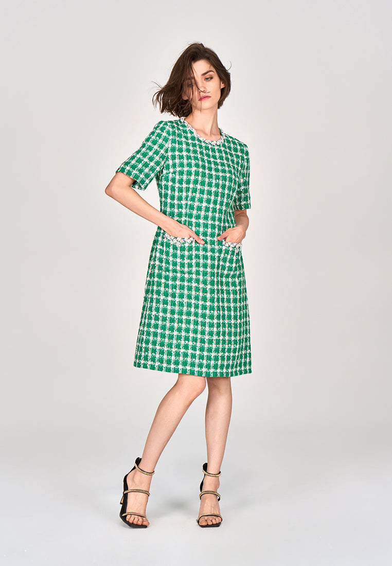Emerald Green Check Tweed Dress