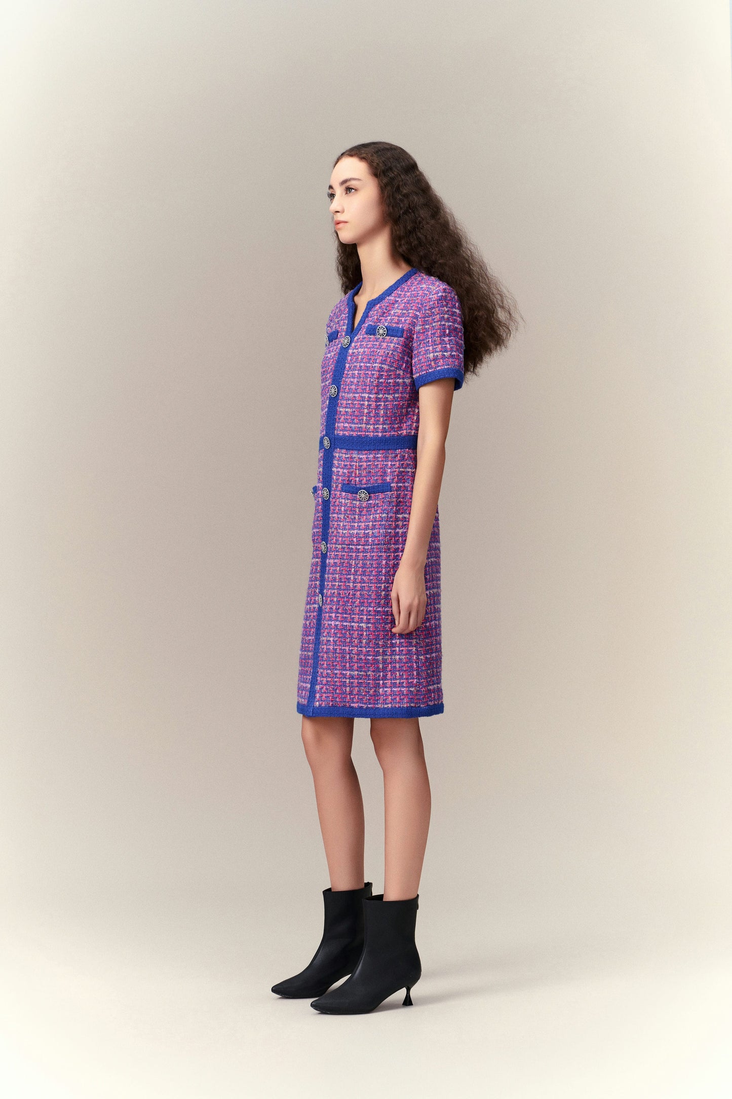Primary Color Illusion Chunky Woven Tweed Dress