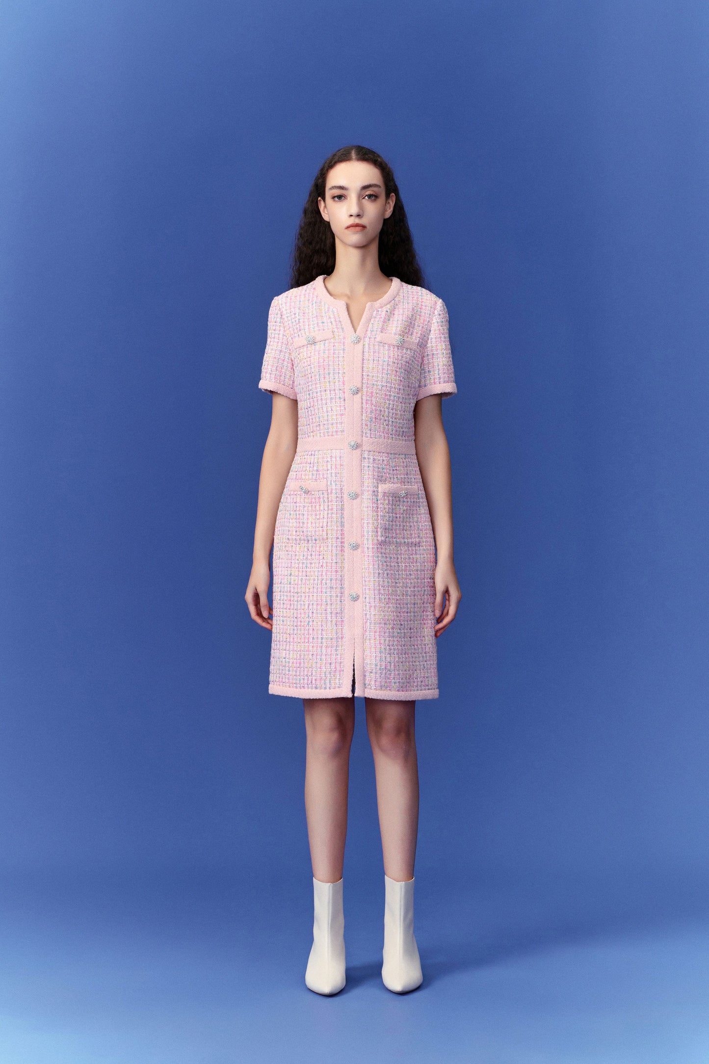 Pastel V-neck Tweed Dress