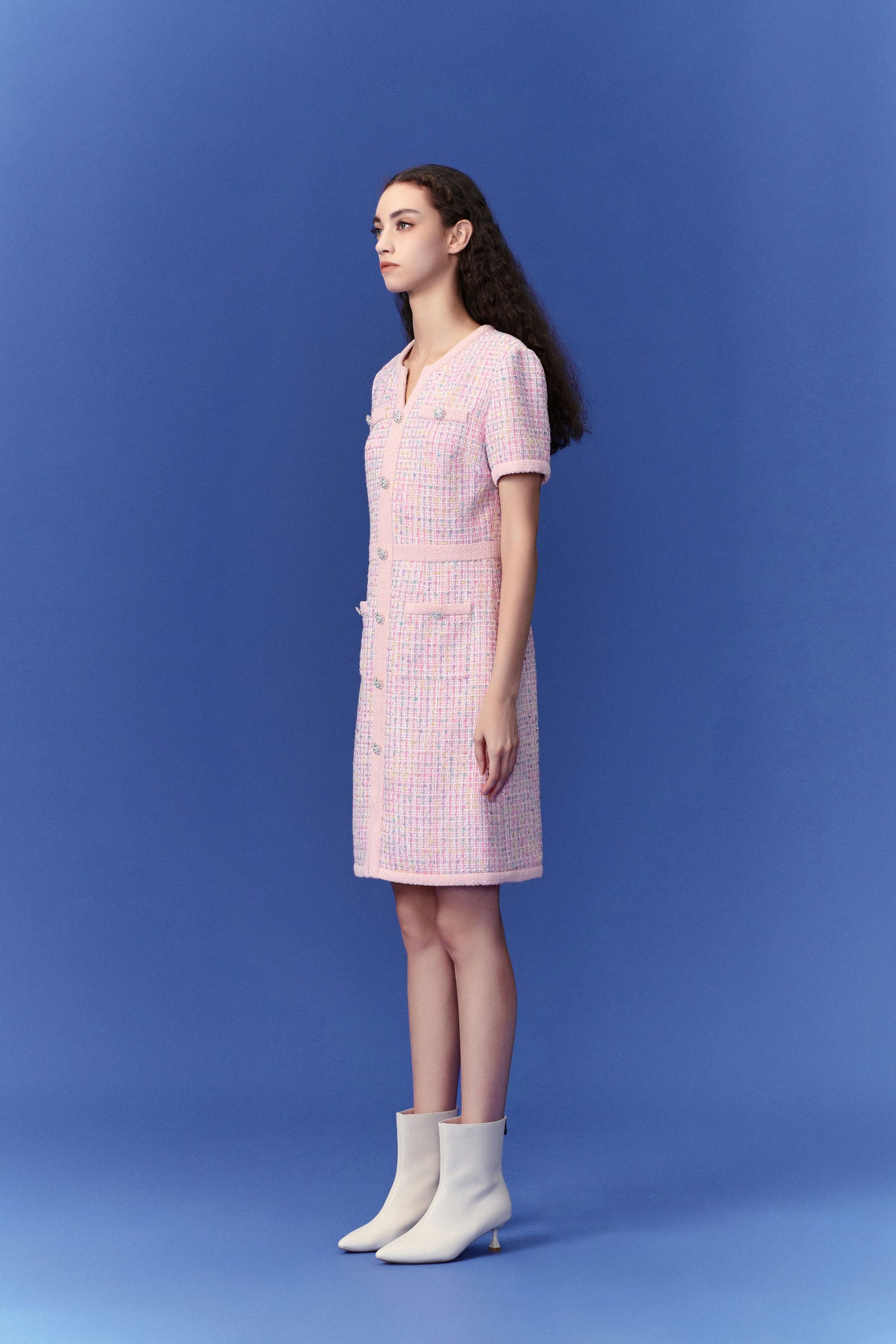 Pastel V-neck Tweed Dress