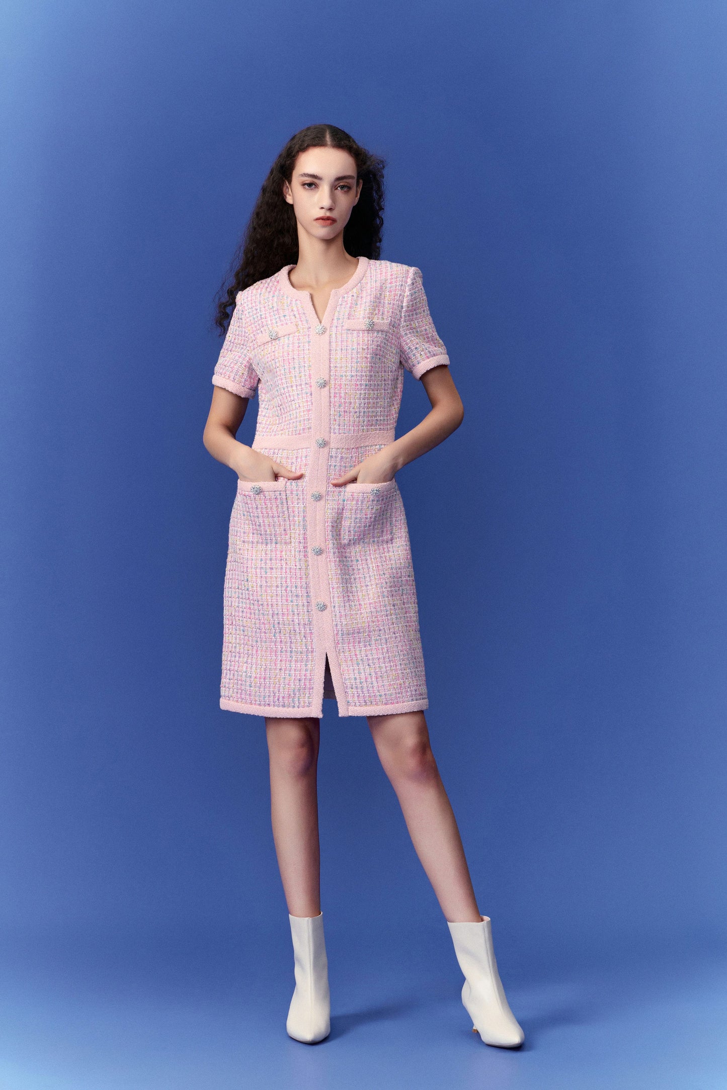 Pastel V-neck Tweed Dress