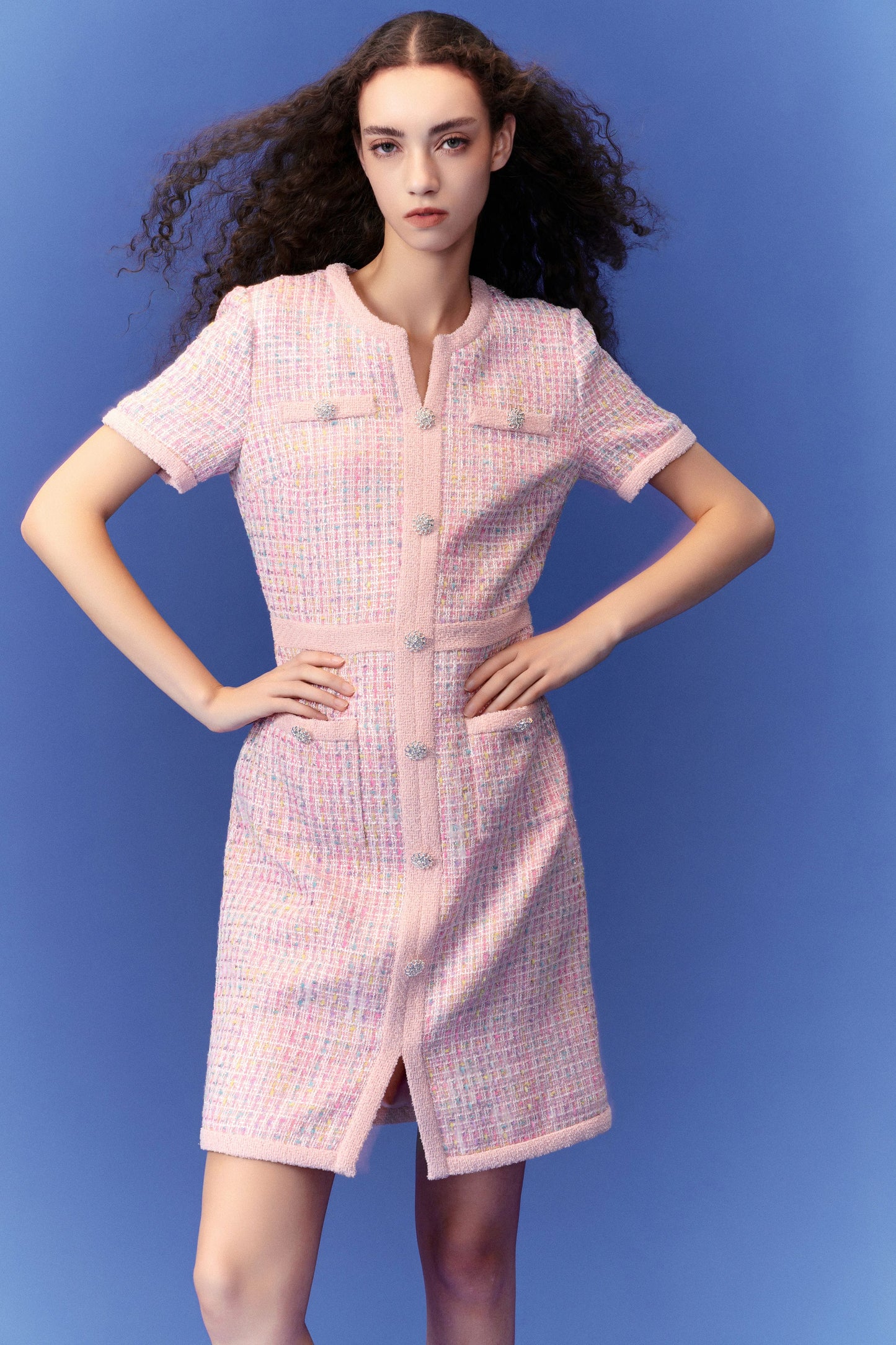 Pastel V-neck Tweed Dress