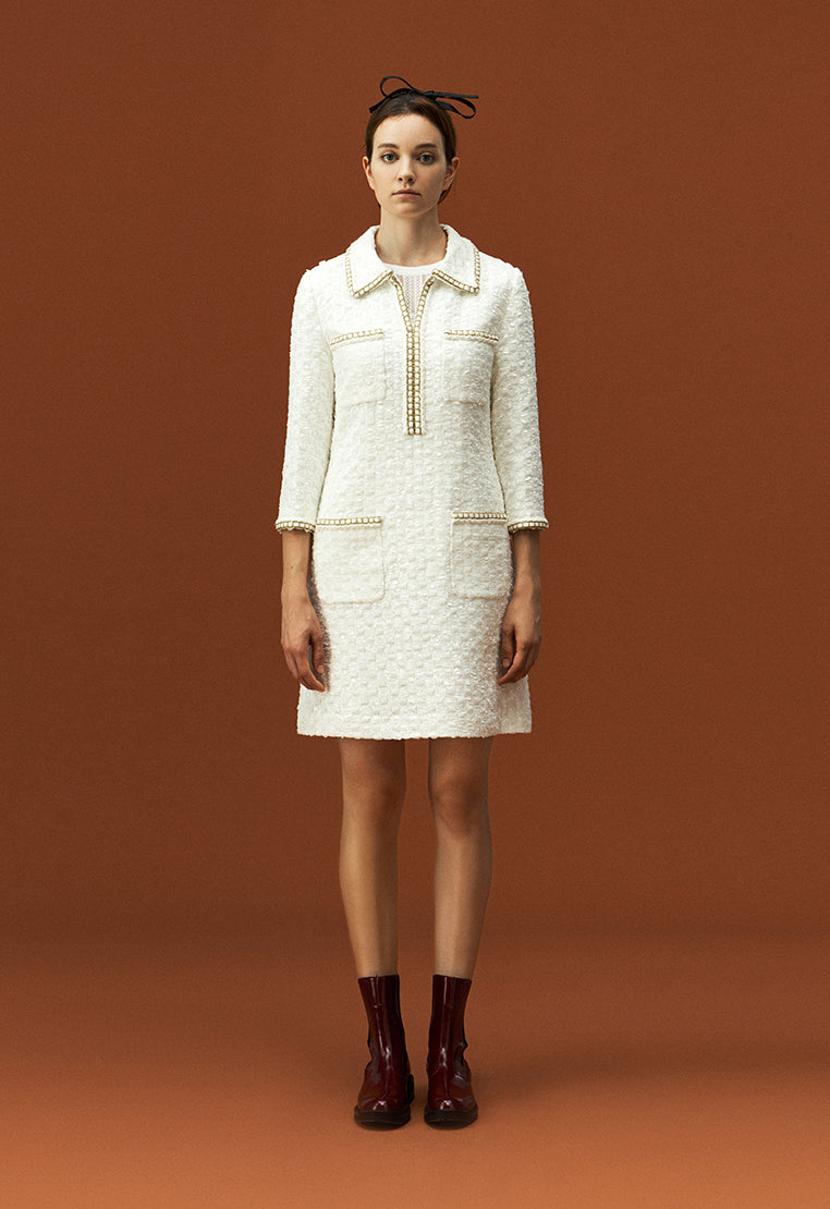 Lapel White Tweed Gold-detailing Long Sleeve Dress