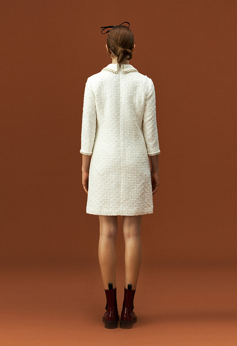 Lapel White Tweed Gold-detailing Long Sleeve Dress