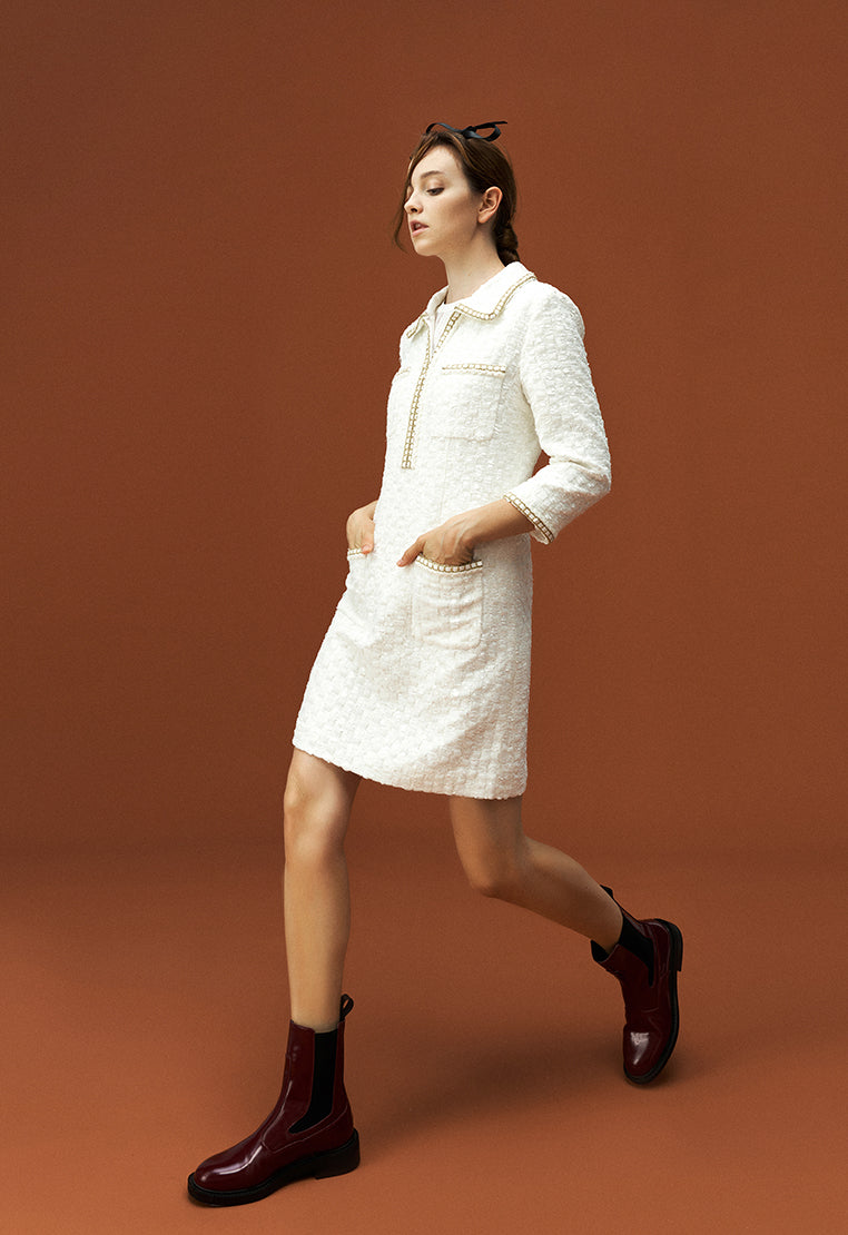 Lapel White Tweed Gold-detailing Long Sleeve Dress