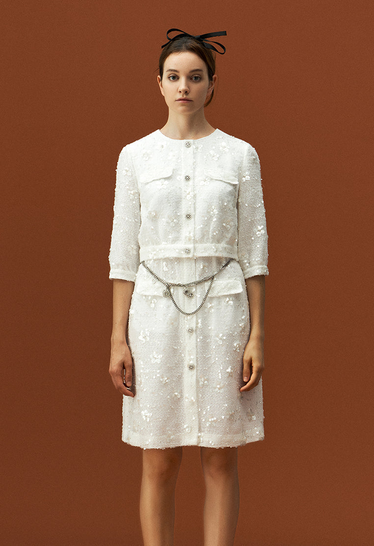 White Tweed Sequin and Bead Detailing Dress with Chain Belt