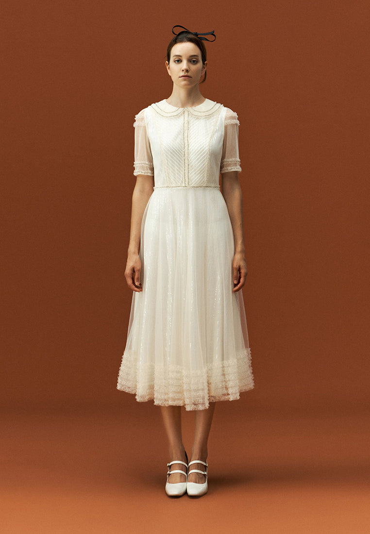 Sequins Rhinestone Embellished Pleated Chiffon Lapel Dress