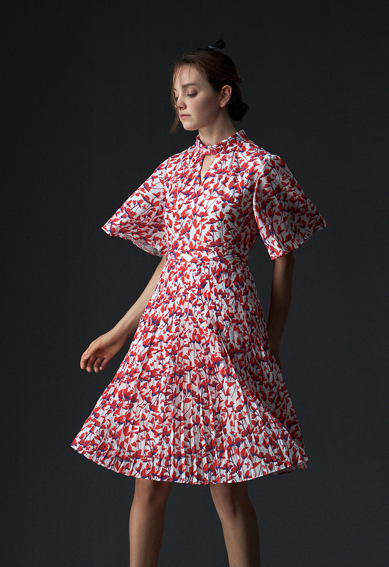 Stand Collar Cut-out Floral Pattern Mid-sleeve Dress