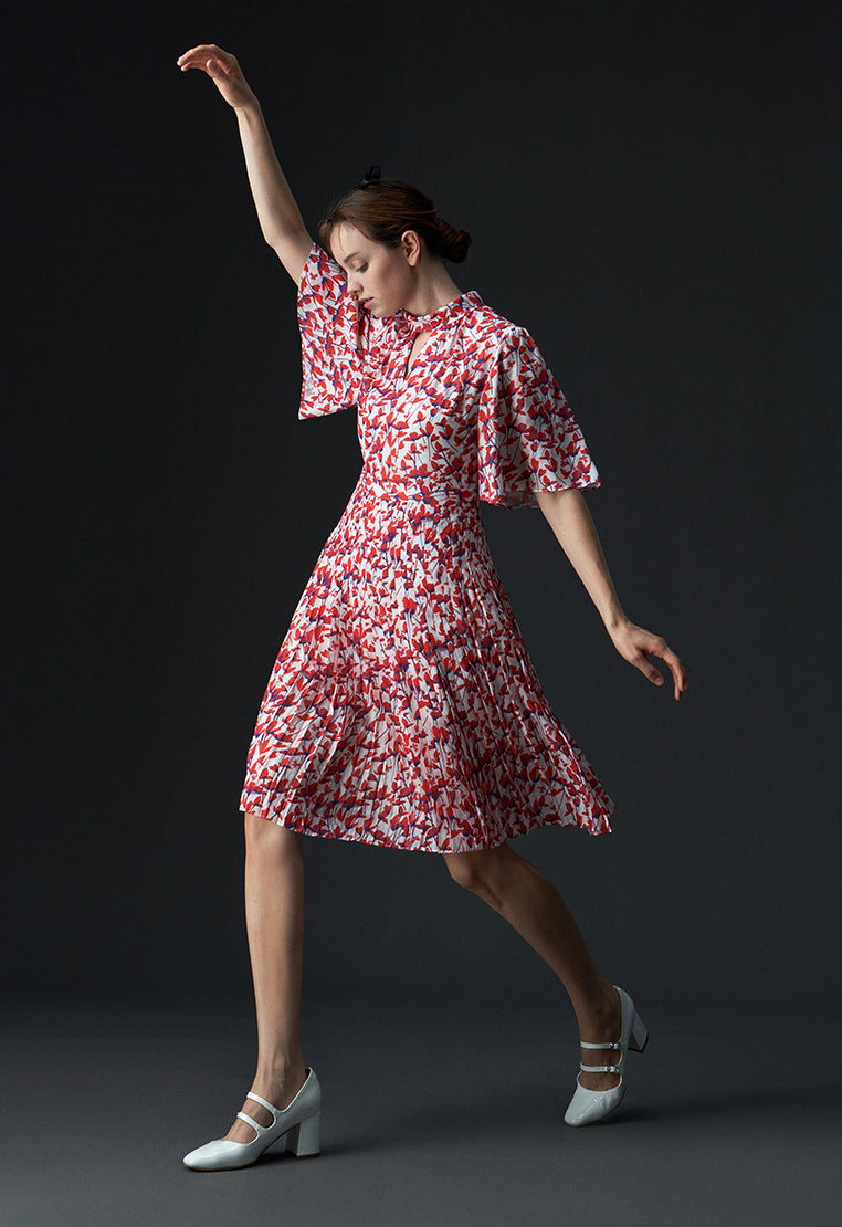 Stand Collar Cut-out Floral Pattern Mid-sleeve Dress