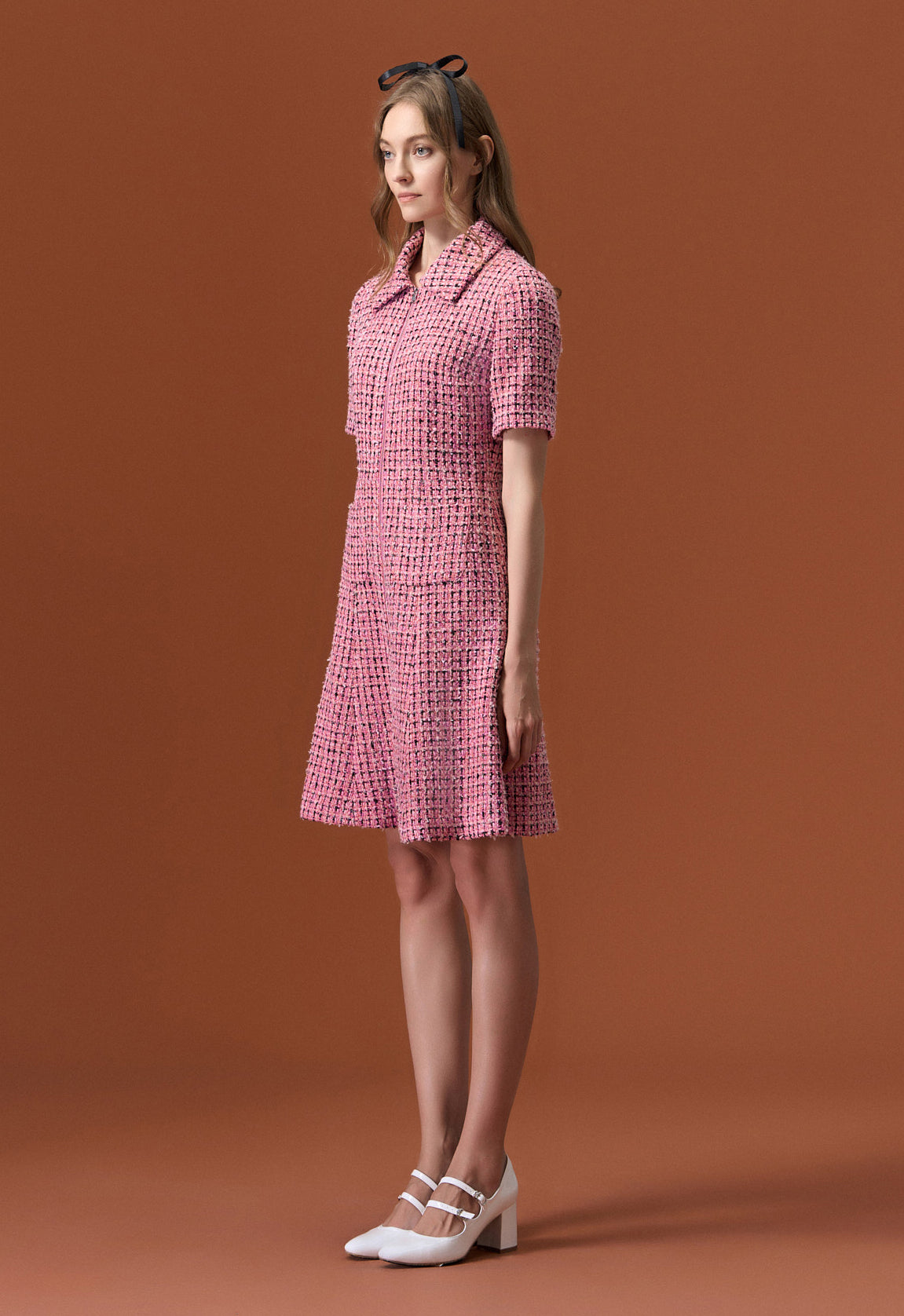 Pink Tweed Lapel Dress