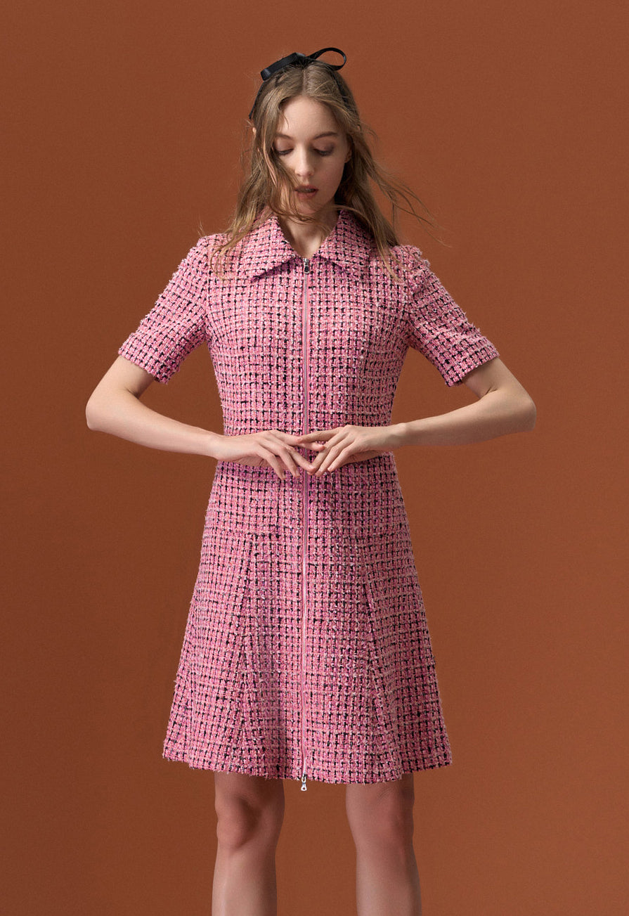 Pink Tweed Lapel Dress