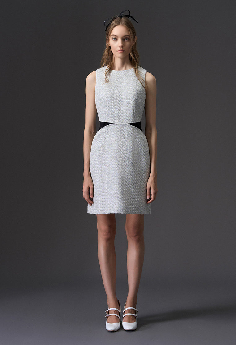 Fake Two Piece Black Detailing Sleeveless Silver Tweed Dress
