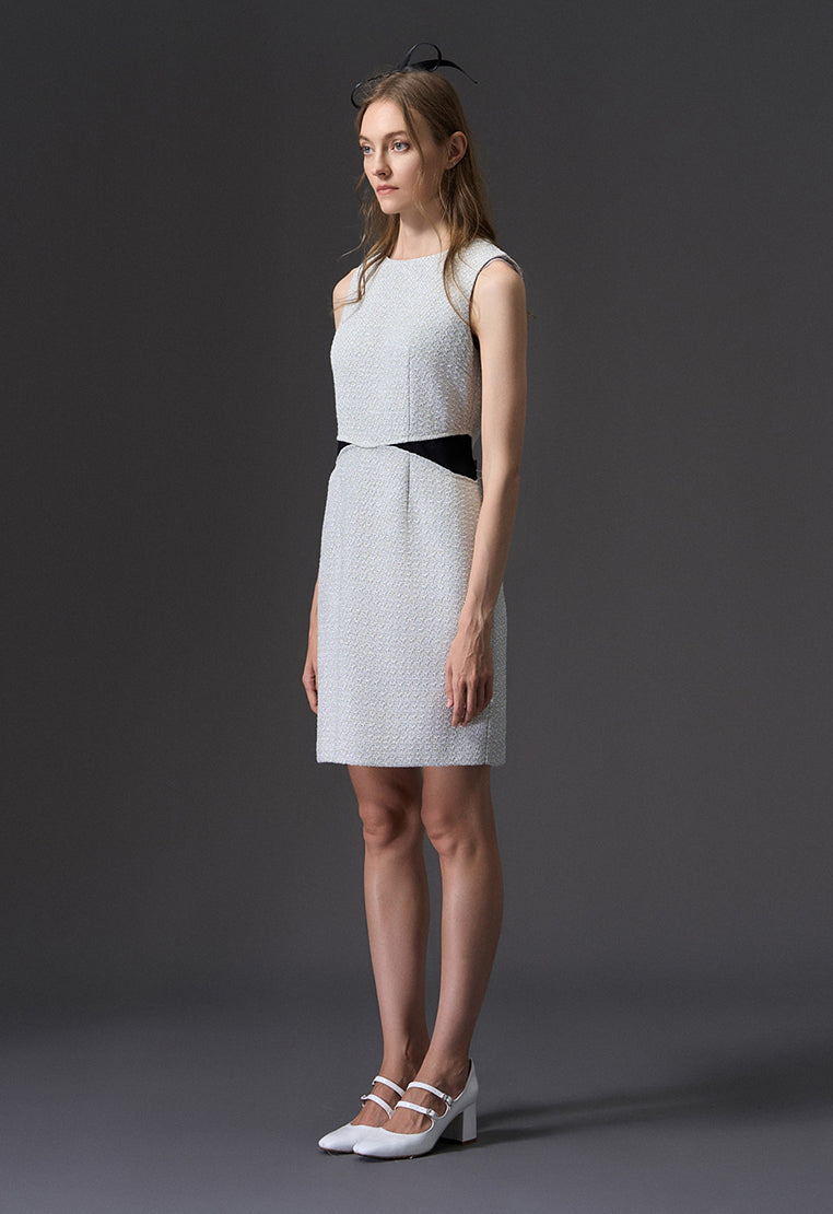 Fake Two Piece Black Detailing Sleeveless Silver Tweed Dress