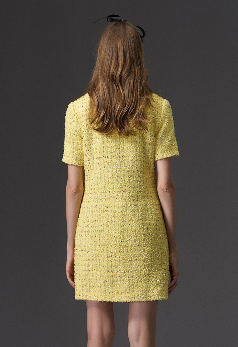 Yellow Short Sleeve Zip Up Front Tweed Dress