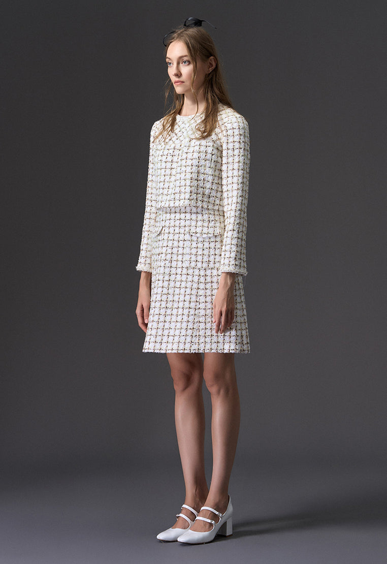 Beige Checked Fake Two Piece Tweed Dress