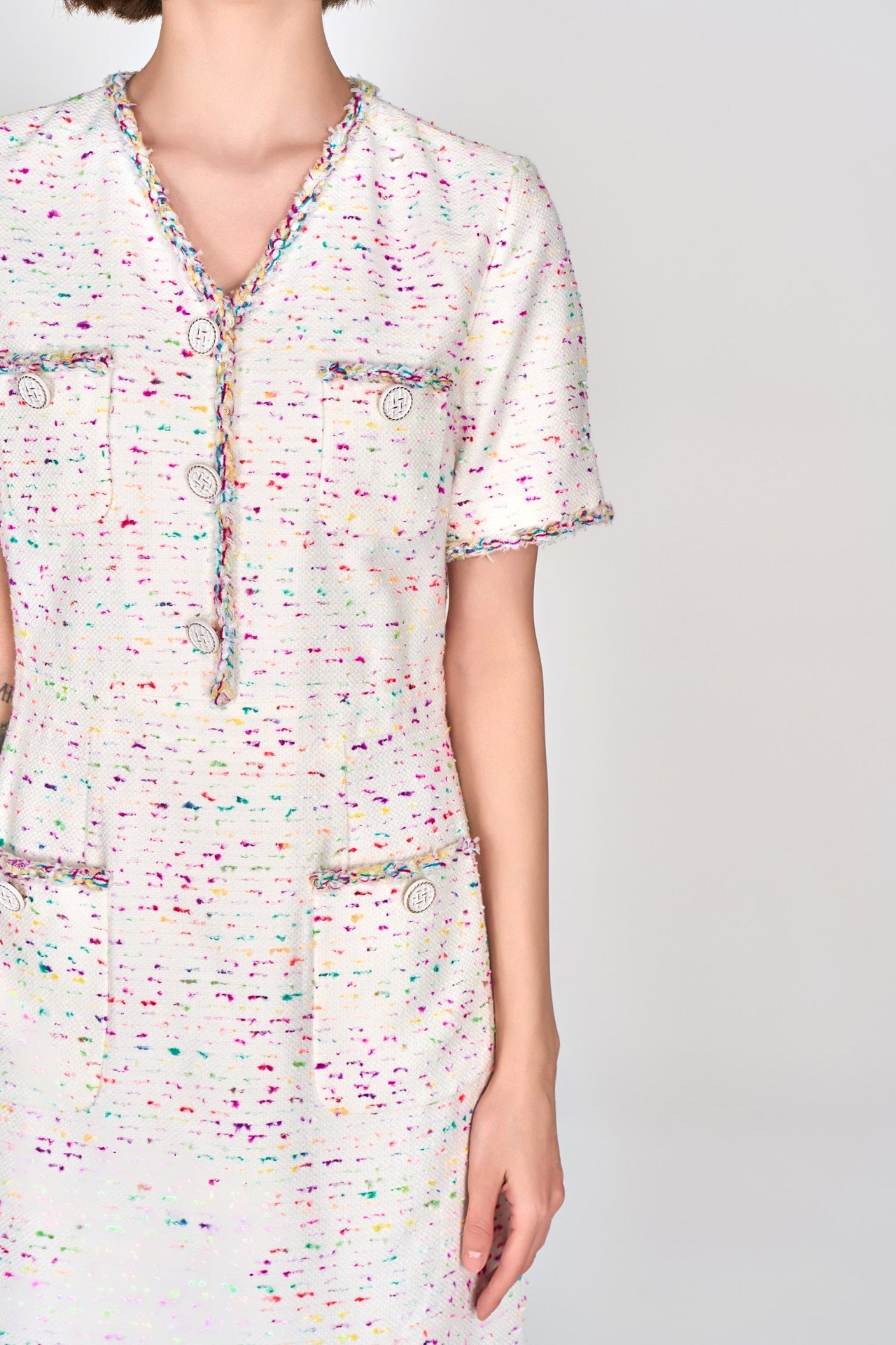 Candy White V-neck Tweed Dress