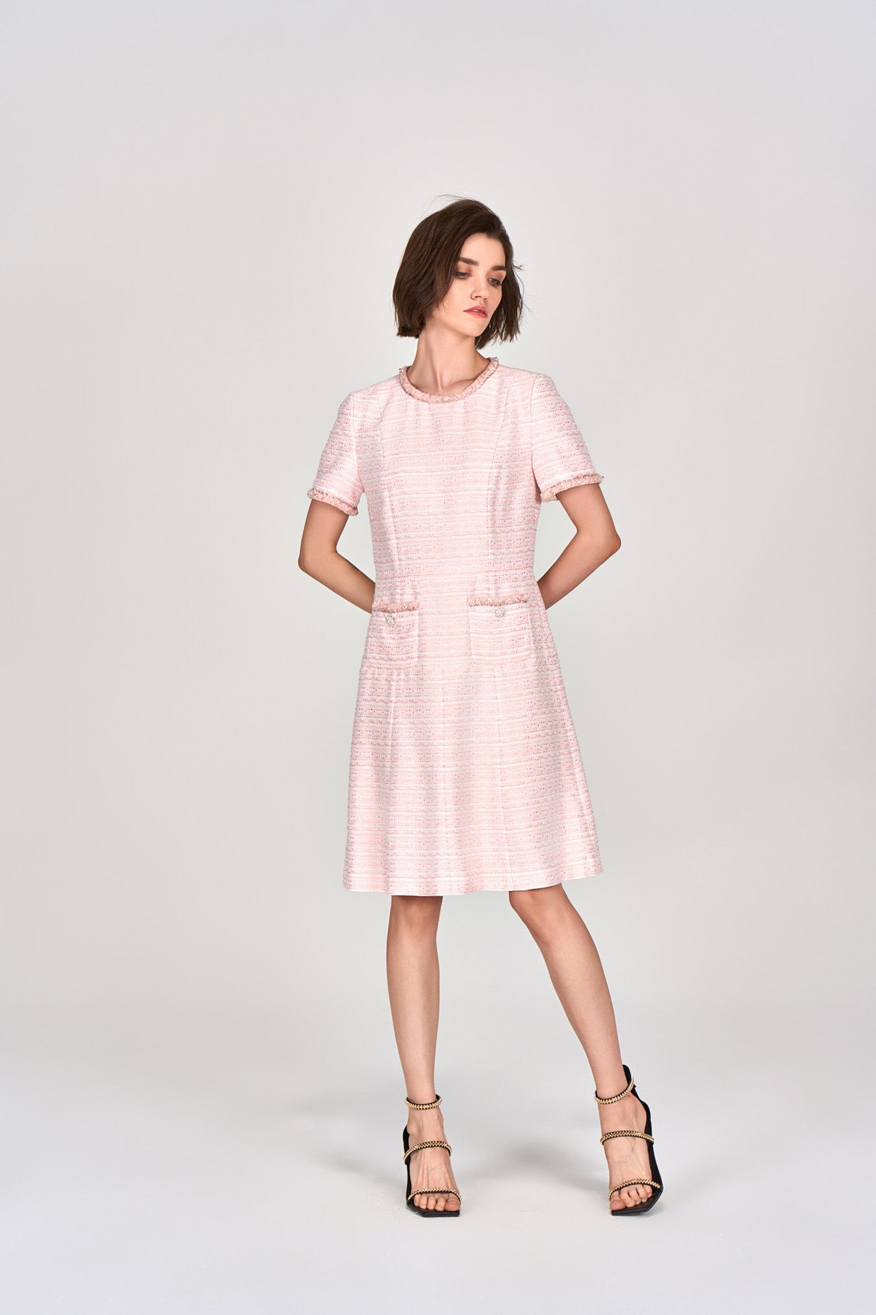 Pink Embellished Flared Tweed Dress