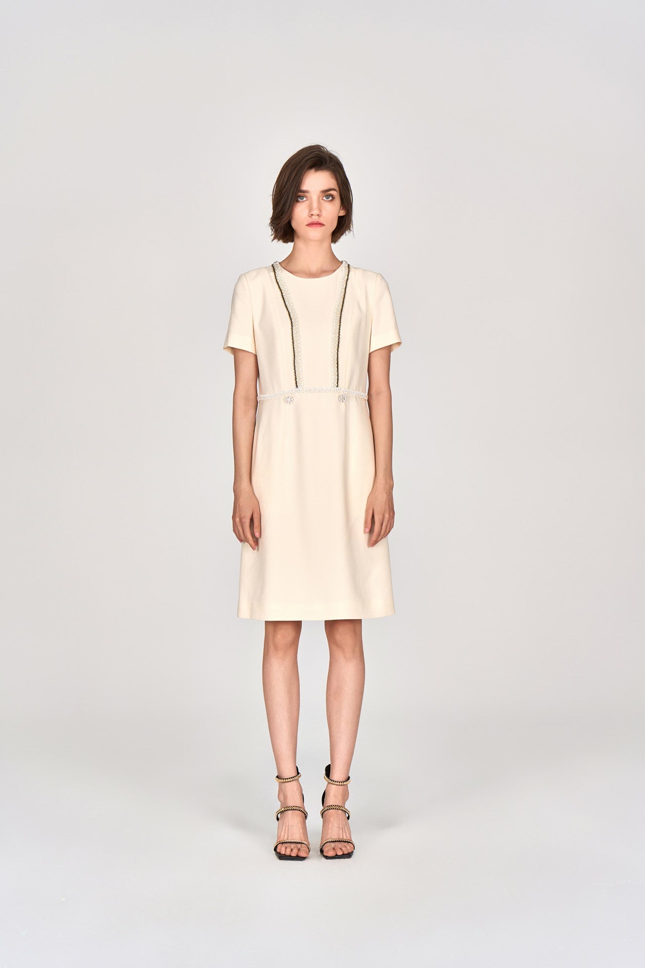 Custard Beaded Crepe Midi Dress