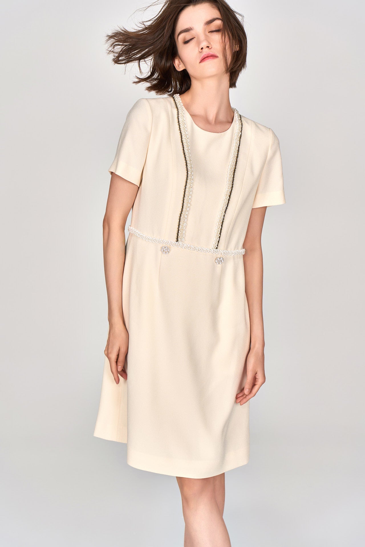 Custard Beaded Crepe Midi Dress