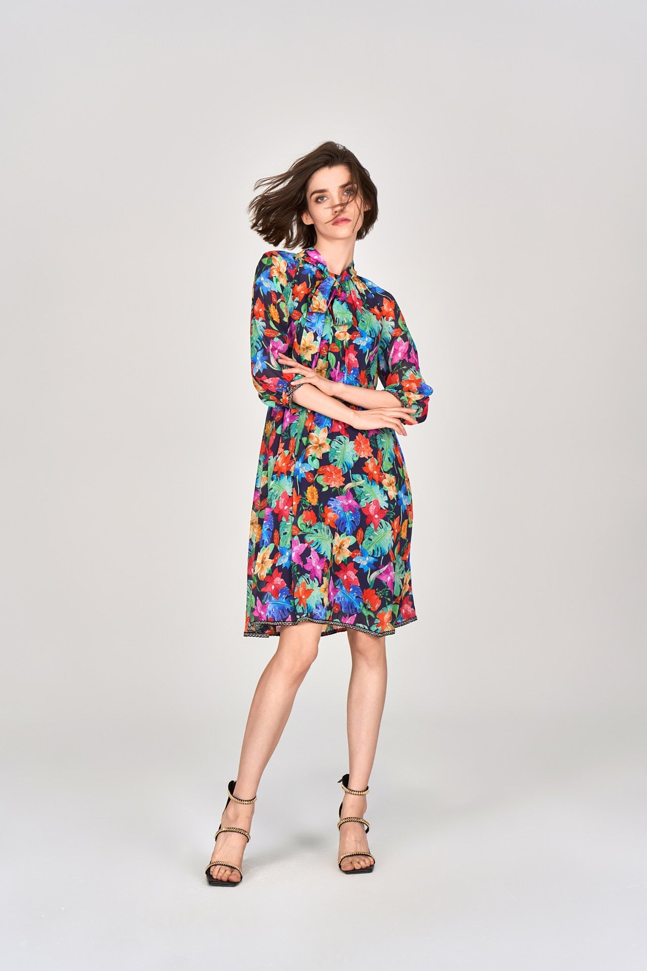 Tropical Flowers Pussy Bow Chiffon Dress