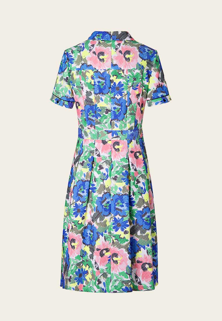 Lapel Short Sleeve Floral Pattern Jacquard Dress