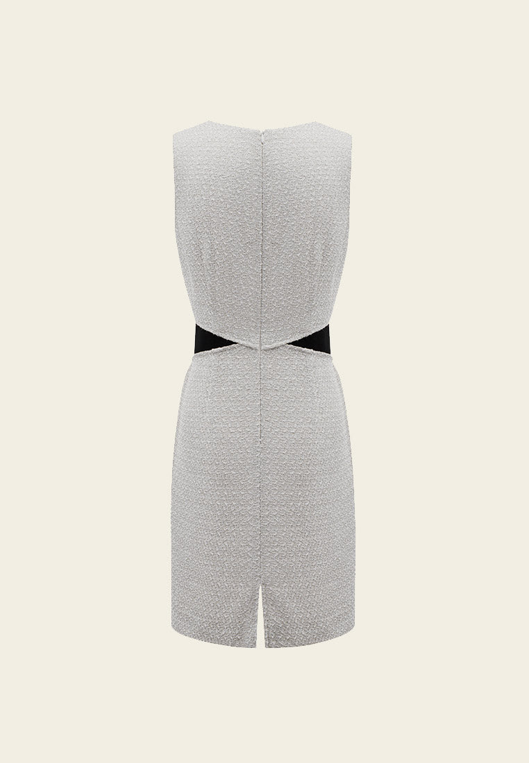 Fake Two Piece Black Detailing Sleeveless Silver Tweed Dress