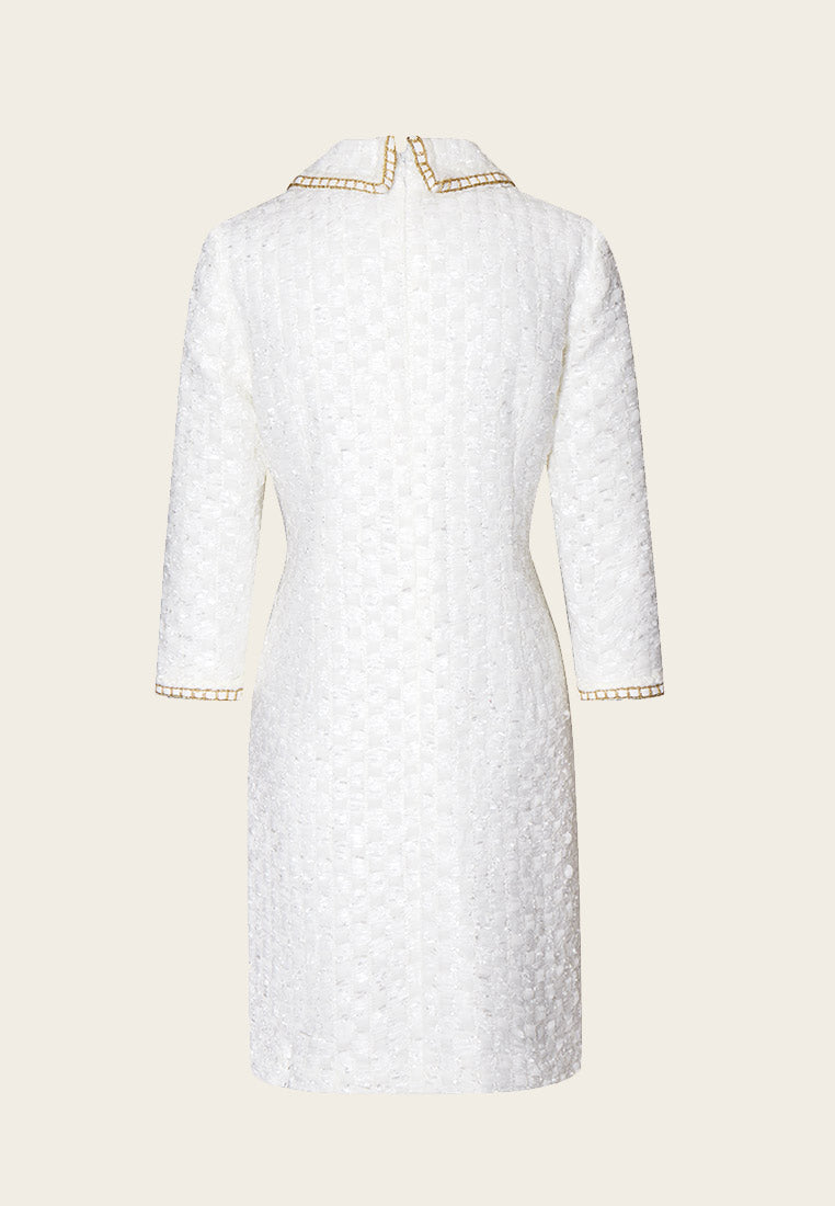 Lapel White Tweed Gold-detailing Long Sleeve Dress