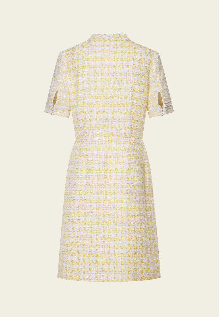 Yellow Signature Stand Collar Tweed Dress