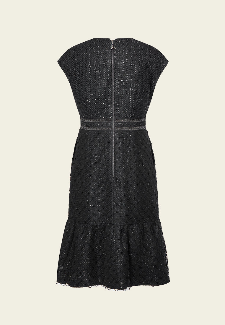 Black Cap-sleeved Embroidered Mesh Tweed Dress