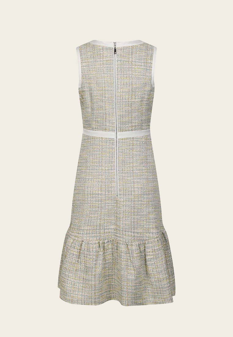 Ruffle-detailing White Lining Mix-green Tweed Dress