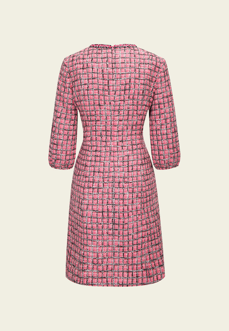 Pink Puff Sleeve Tweed Midi Dress