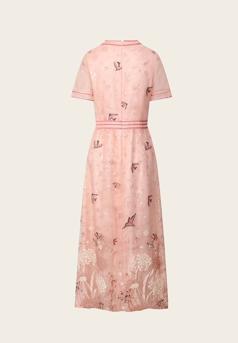 Nature V-neck Pink Organza Short Sleeve Dress