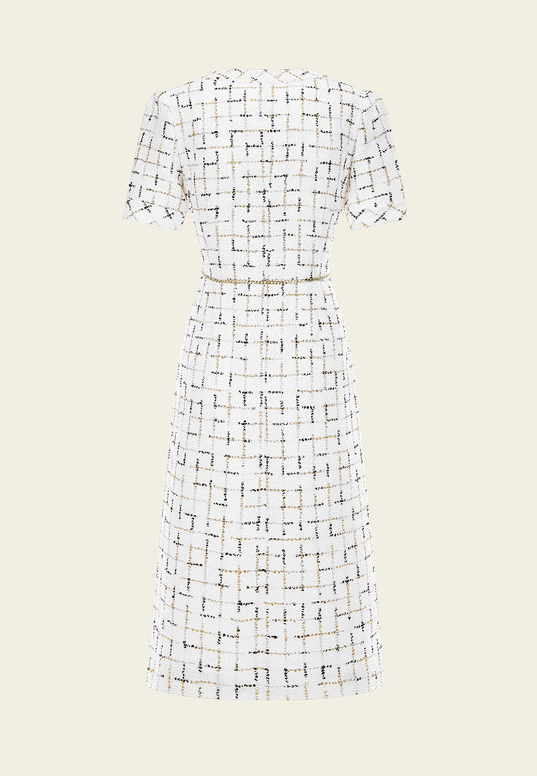 Prestige White Check Tweed Dress with Chain Belt