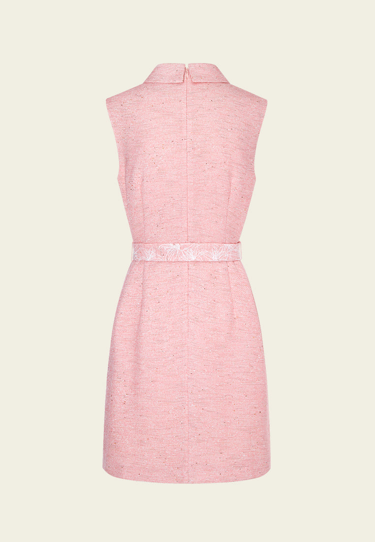 Pink Collar Belted Tweed Sleeveless Dress
