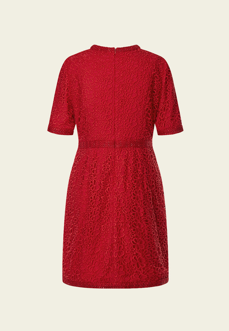 Red Signature Short-sleeved Lace Tweed Dress
