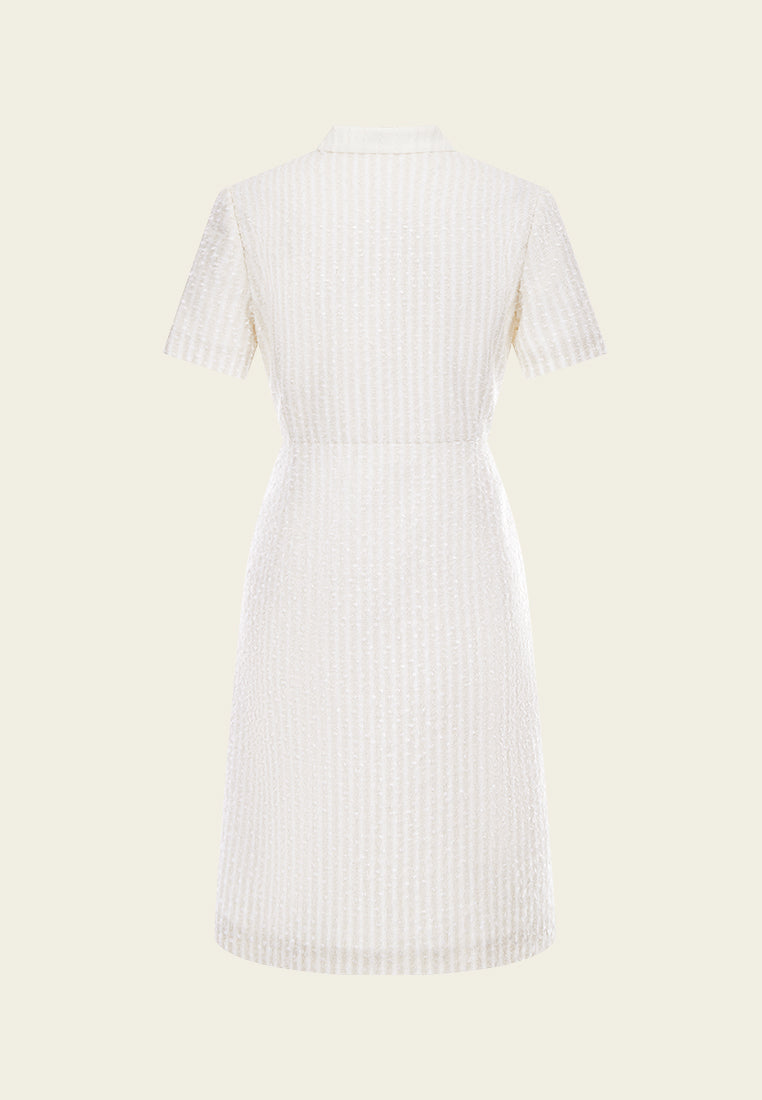 Beige White Stand Collar Zip-Up Tweed Dress
