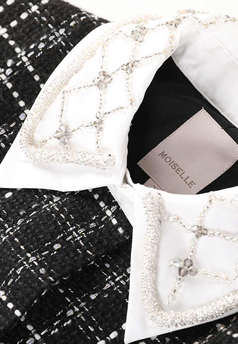 Beaded White Lapel Black Tweed Dress