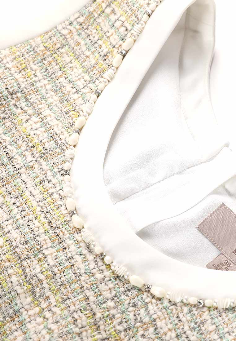 Ruffle-detailing White Lining Mix-green Tweed Dress