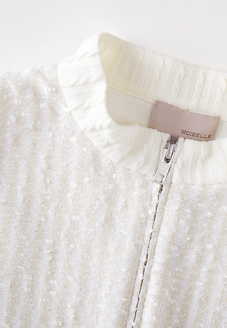 Beige White Stand Collar Zip-Up Tweed Dress