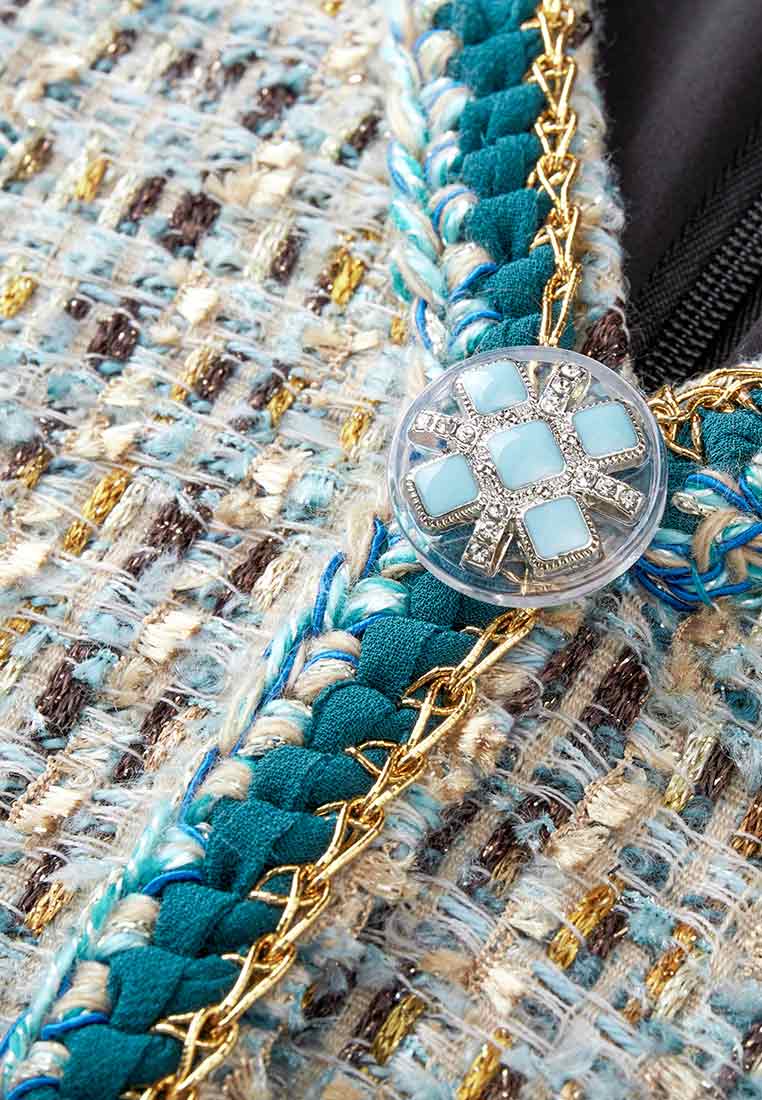 Earth Tone Blue And Gold Detailing Tweed Dress